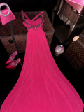 Hot Pink A Line Halter Beaded Chiffon Backless Party Dress Evening Dress HZ1023