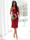 Simple Sheath Spaghetti Strap Burgundy Satin Evening Dress Bridesmaid Dress HZ1023