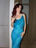 Charming Sheath Spaghetti Strap Beaded Blue Chiffon Party Dress Evening Dress HZ1023