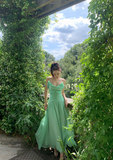 Charming Green A Line Spaghetti Strap Ruffle Chiffon Long Prom Dress Party Dress HZ1023