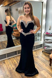 Mermaid Strapless Rhinestone Velvet Prom Dresses Evening Dresses HZ1023