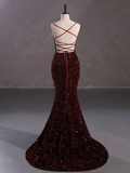 Burgundy Sequin Mermaid Backless Prom Dress Long Evening Dress HZ1023