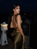 Sexy Olive Green Sheath Straps Satin Open Back Long Wedding Guest Dress Party Dress HZ1023