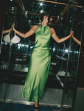 Charming A Line Halter Green Satin Long Open Back Prom Dress Evening Dress HZ1023