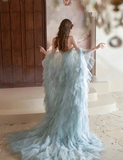 Dreamy Blue Mermaid Sweetheart Neck Feather Tulle Prom Dress Party Dress HZ1023