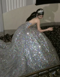 Stunning A Line Strapless Silver Sequin Long Prom Dress Graduation Prom Dress HZ1023