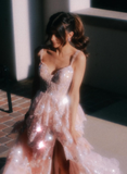Elegant A Line Off the Shoulder Tiered Sequin Light Pink Tulle Prom Dress Evening Dress HZ1023