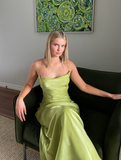Simple Sheath Spaghetti Strap Green Satin Long Prom Dress Graduation Prom Dress HZ1023