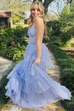 Lavender Tulle Sequin Tiered Ruffles Long Prom Dress Elegant Evening Dress Princess Ball Gown HZ1023