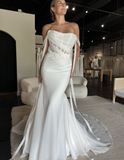 Simple Mermaid Off the Shoulder Corset Chiffon Long Sweep Wedding Dress HZ1023