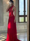 Charming Red A Line Halter Tulle Chiffon Long Prom Dress Evening Dress HZ1023