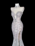 Exquisite Dreamy Mermaid Beaded Pearl Sequin White Tulle Prom Dress Party Dress with Slit HZ1023