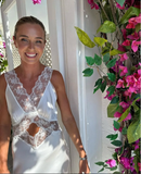 Light Yellow Sheath V Neck Lace Satin Prom Dress Evening Dress HZ1023