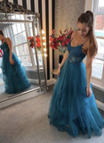 Blue Tulle Lace Appliques Long Prom Dress Evening Dress HZ1023