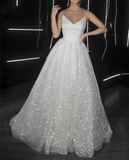 Shiny Spaghetti Straps Tulle Sequins Long Prom Dress Evening Dress Wedding Dress HZ1023