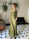 Green Sheath Halter Bow Satin Open Back Prom Dress Graduation Prom Dress HZ1023