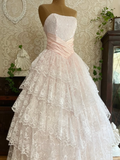 Vintage A Line Strapless Layered Lace Light Pink Satin Long Prom Dress Evening Dress HZ1023