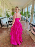 Sexy Hot Pink Layered A Line Evening Dress Chiffon Long Prom Dress HZ1023