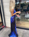Sexy Sheath Halter Blue Print Floral Chiffon Open Back Evening Dress Outfits HZ1023