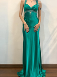 Vintage Sheath V Neck Sequin Beaded Green Satin Open Back Prom Dress Evening Dress HZ1023