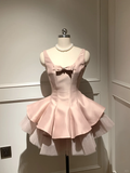 Cute A Line Strap Bow Light Pink Tulle Satin Short Homecoming Dress Cocktail Dress HZ1023