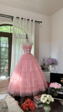 Cute A Line Sweetheart Neck Pink Layered Lace Tulle Long Party Dress Birthday Dress HZ1023
