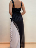Unique Sheath Spaghetti Strap Black White Chiffon Prom Dress Evening Dress HZ1023