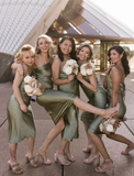 Simple Sheath One Shoulder Pleated Green Satin Bridesmaid Dress Evening Dress HZ1023