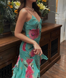 Vintage Mermaid Spaghetti Strap Ruffle Beaded Chiffon Evening Dress Outfits HZ1023