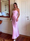 Elegant Sheath Strapless Corset Pink Satin Long Prom Dress Evening Dress HZ1023