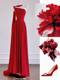 Flowy Red A Line One Shoulder Chiffon Long Prom Dress Party Dress HZ1023