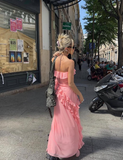 Pink A Line Strapless Ruffled Chiffon Prom Dress Outfits with Slit HZ1023