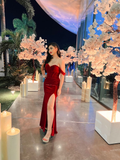 Sexy Off The Shoulder Slit Long Mermaid Prom Dress Velvet Evening Dress HZ1023