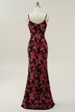 Vintage Mermaid Spaghetti Straps Burgundy Printed Velvet Long Prom Dress with Slit HZ1023