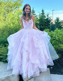 Light Pink A Line V-neck Ruffled Tulle Prom Dress With Belt HZ1023