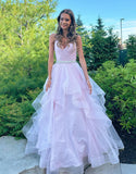 Light Pink A Line V-neck Ruffled Tulle Prom Dress With Belt HZ1023