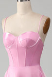 Simple A Line Spaghetti Straps Pink Satin Corset Prom Dress Evening Dress HZ1023