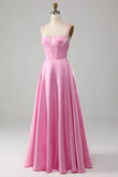 Simple A Line Spaghetti Straps Pink Satin Corset Prom Dress Evening Dress HZ1023