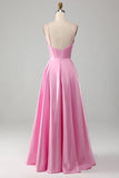 Simple A Line Spaghetti Straps Pink Satin Corset Prom Dress Evening Dress HZ1023