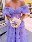 Stunning A Line Off the Shoulder Corset Tiered Purple Tulle Prom Dress Evening Dress HZ1023