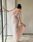 Exquisite Sheath Spaghetti Strap Beaded Tulle Prom Dress Evening Dress Party Dress HZ1023
