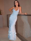 Gentle Sheath Spaghetti Strap Appliques Blue Tulle Prom Dress Evening Dress HZ1023