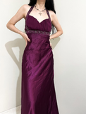 Vintage A Line Halter Beaded Purple Satin Open Back Prom Dress Graduation Prom Dress HZ1023