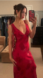 Charming Deep V Neck Satin Print Floral Long Evening Gown Prom Dress HZ1023