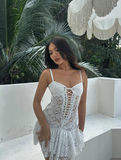 Sexy A Line Spaghetti Strap White Lace Short Homecoming Dress Birthday Dress HZ1023