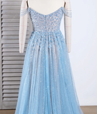 Elegant Light Blue Tulle Sequins Evening Dress Strapless Long Prom Dress HZ1023
