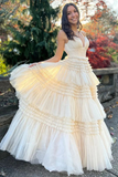 Light Champagne Slit Tulle Long Prom Dress Formal Dress HZ1023