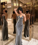 Spaghetti Straps Long Evening Dress Gray Prom Dress HZ1023