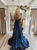 Elegant A Line Sweetheart Neck Navy Blue Satin Long Prom Dress Evening Dress HZ1023