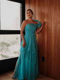 Unique A Line One Shoulder Blue Chiffon Long Prom Dress Evening Dress HZ1023